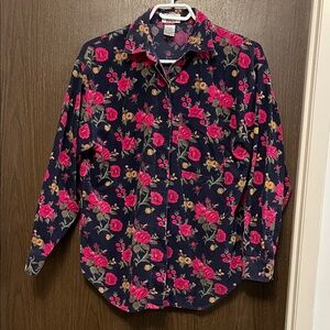Vintage The Bay - Floral Women's Corduroy Blouse - Navy and Pink